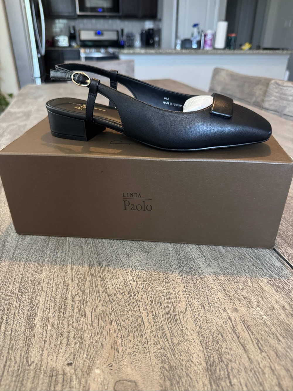 Linea Paolo Black Leather Slingback Loafer with Low Block Heel